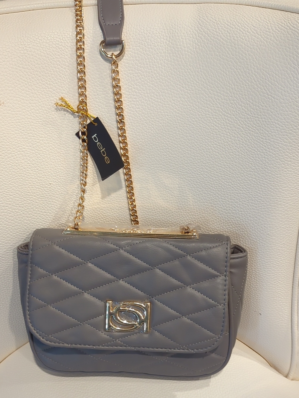 bebe Quilted Gray Crossbody with Gold Chain